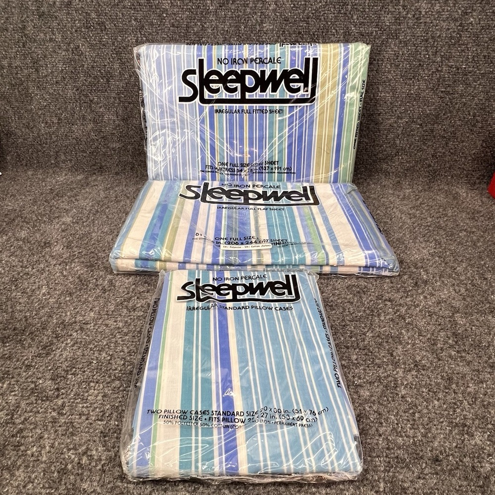 Full Size New Vintage Sheet Set Blue & White Stripes Sleepwell Fitted Flat Cases
